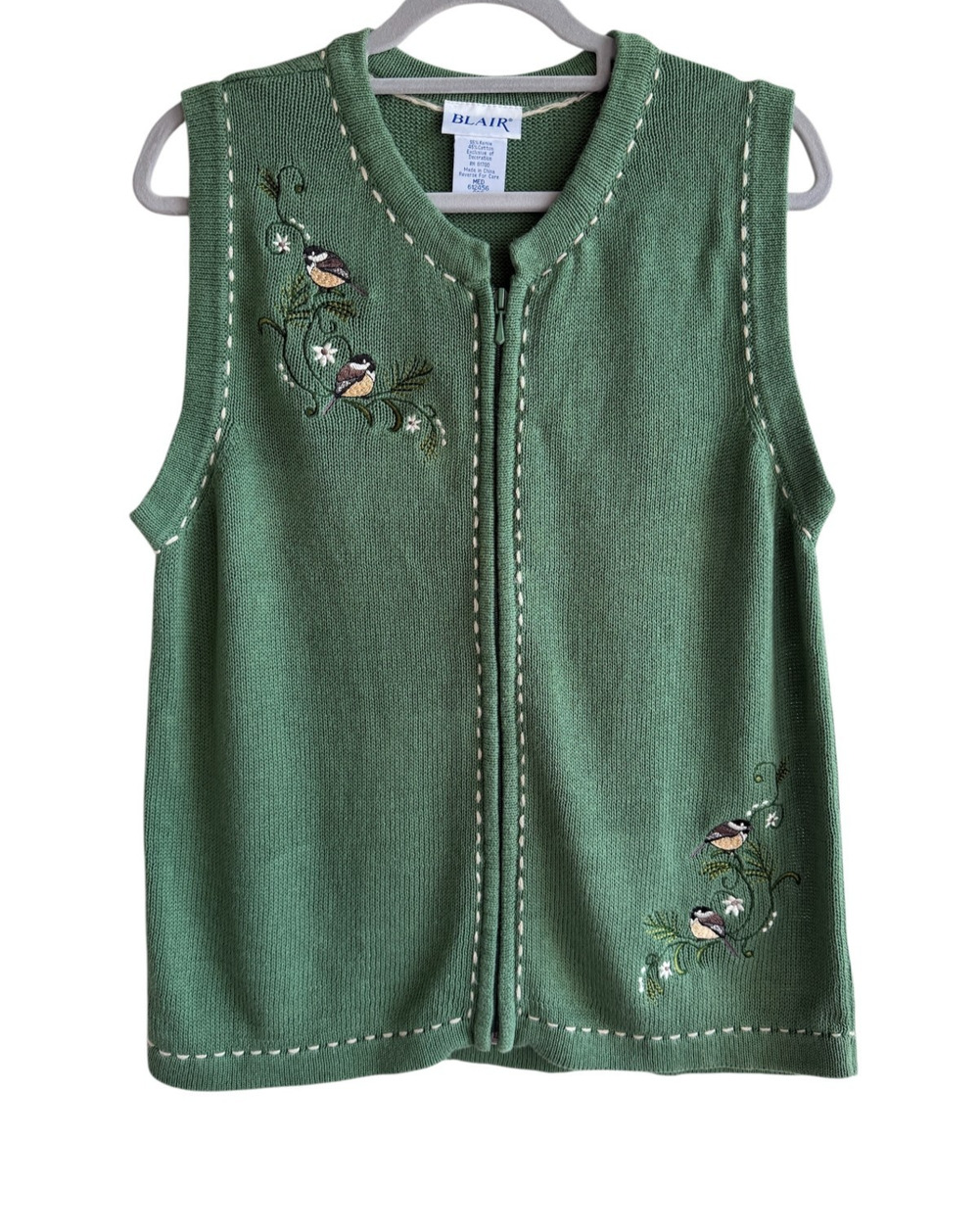 Vintage Blair Green Knit Sweater Vest M Bird Embroidery Zip Front Cottagecore